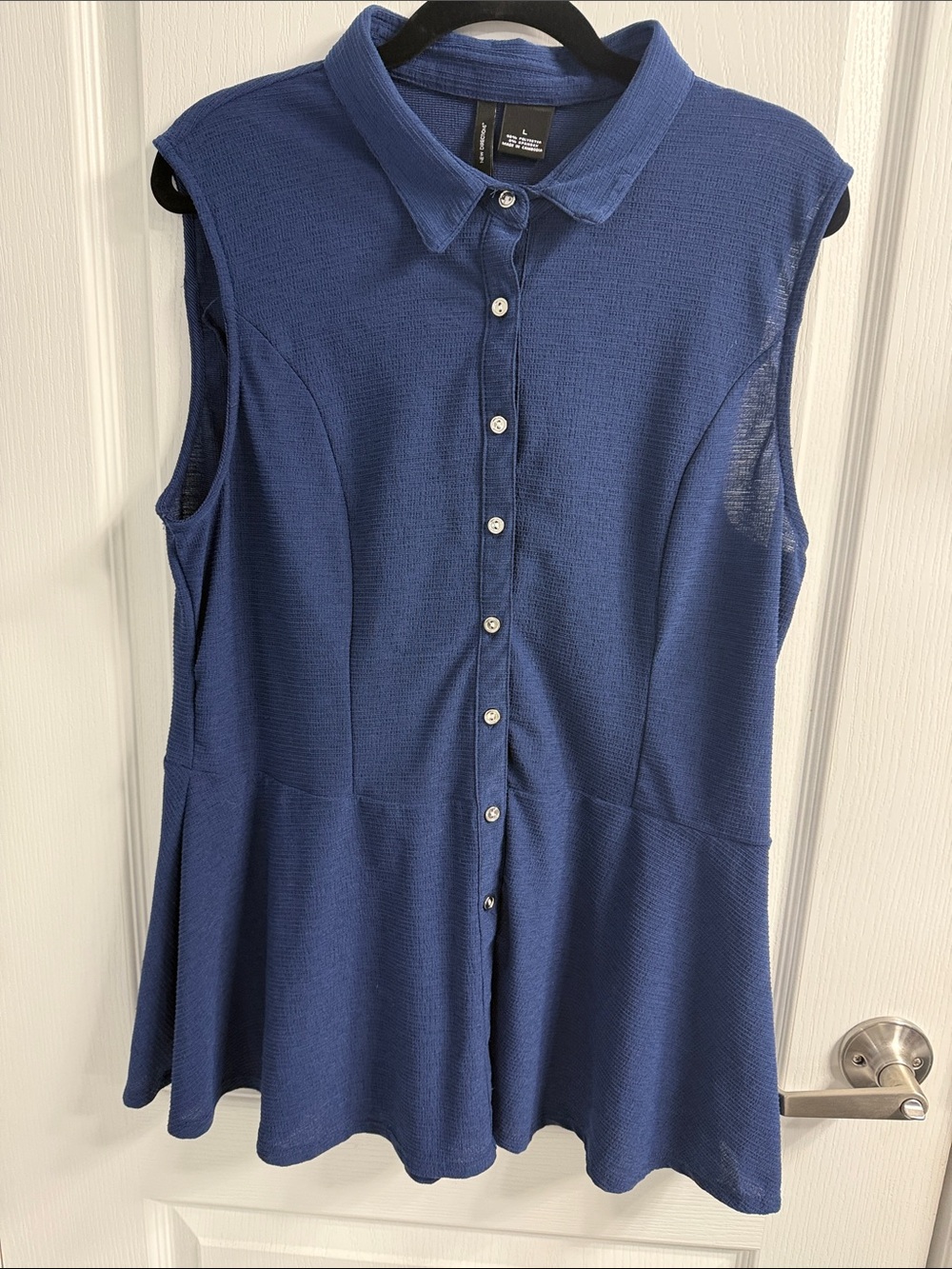 new directions Sleeveless Button-Front Navy Blue Peplum Shirt